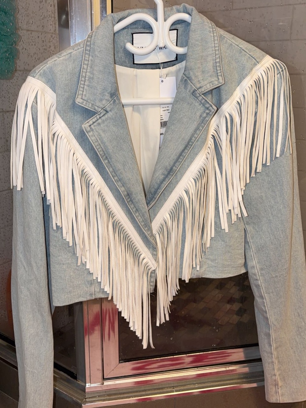 Light Blue Denim Cropped Jacket with White Fringe